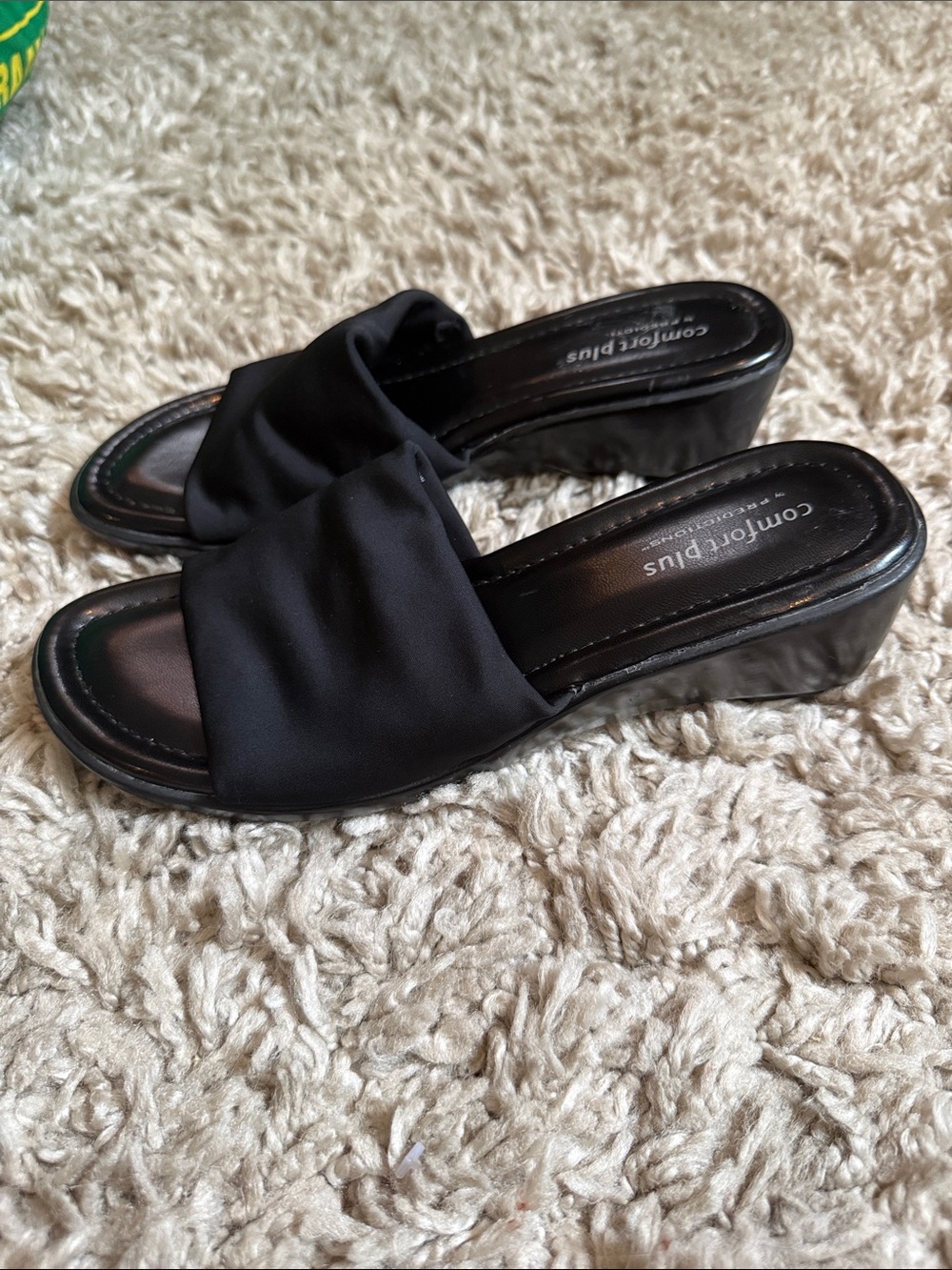 Y2K Comfort Plus by Predictions Black Wide Strap Slide Sandals with Wedge